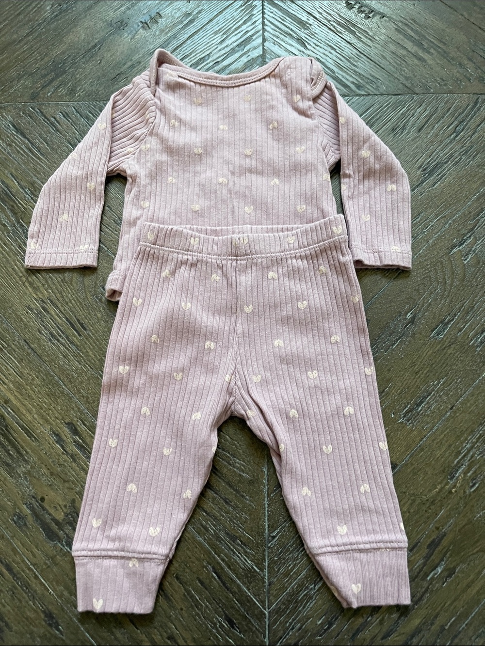 Cloud Island Baby Ribbed One-Piece Set in Dusty Pink with Heart Print